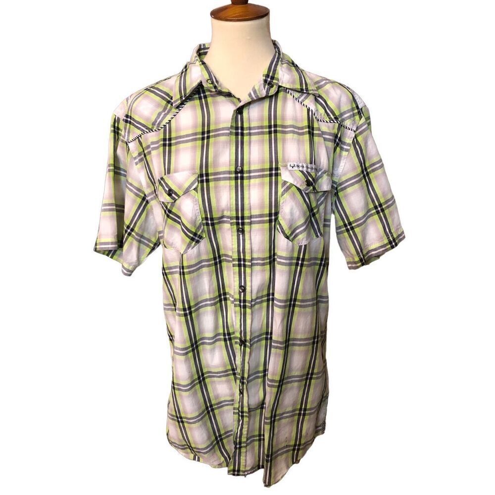 Western Bone Collector Pearl Snap Button Pocketed Plaid Shirt size L